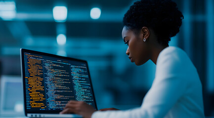 A focused individual coding on a laptop in a dimly lit environment, showcasing modern programming and technology themes.