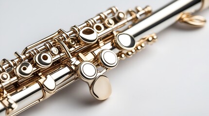 Naklejka premium Close-up of a gleaming silver flute with gold-plated keys, showcasing intricate detail and musical elegance.
