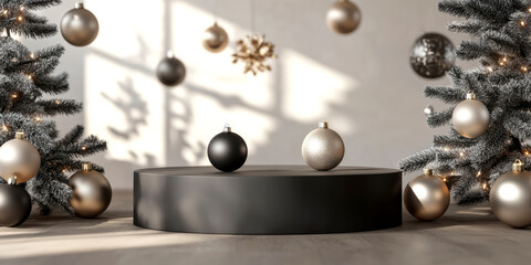 Naklejka premium Elegant decorative elements create a minimalist Christmas atmosphere with black and gold ornaments surrounded by lush greenery in a bright space