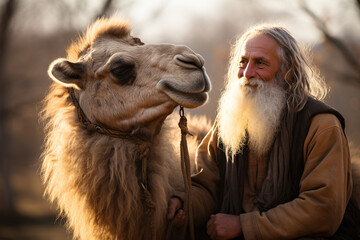 Fototapeta premium profound connection shared between a regal camel and its devoted human comrade, steadfastly traversing arduous trials of vast and unforgiving desert in harmonious unity
