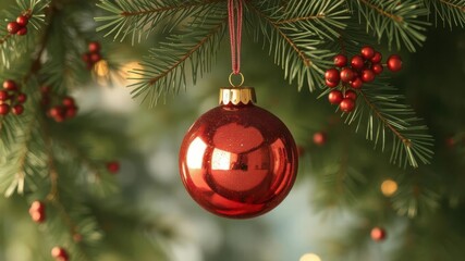 Glistening red ornament hangs from a pine bough, reflecting light, christmas decoration, detail, xmas tree
