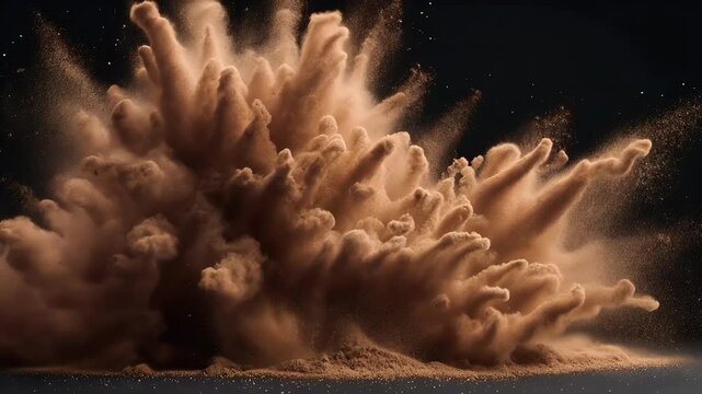 visually captivating display brown black powder particles bursting dynamic explosion creating abstract textured background