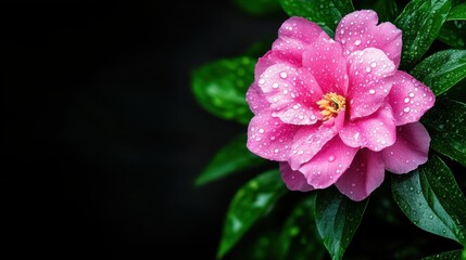 Delicate Pink Flower with Raindrops on Green Leaves Against a Dark Background