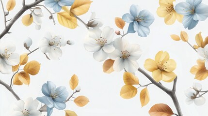 Seamless 3D design featuring white, yellow, and blue cherry blossoms with autumn leaves and branches on a light background. 