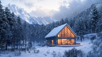 Cozy Winter Cabin nestled in the snowy mountains, illuminated by warm interior lights. A picturesque scene of tranquility and serenity.