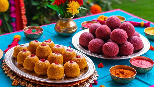 Colorful Indian sweets on decorative trays for Holi celebration
