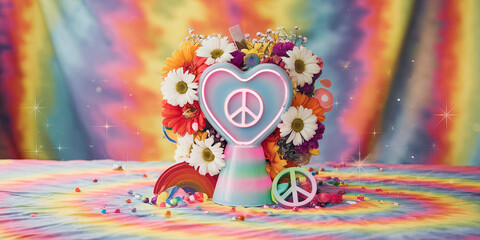 Obraz premium Vibrant Floral Arrangement with Peace Sign Heart Lamp Rainbow and Candy on Tie Dye Background