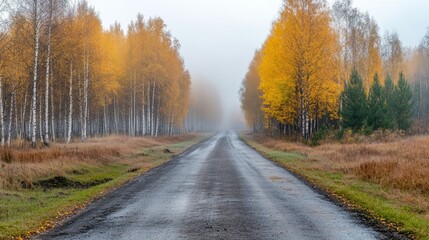 Fototapeta premium Asphalt road through foggy autumn forest with vibrant trees creating an eerie atmospheric nature scene ideal for moody backgrounds