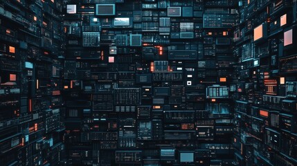 Complex technological environment displaying various screens and interfaces, suggesting advanced data analysis and control capabilities in a futuristic setting