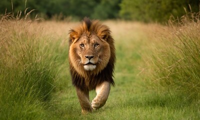 Obraz premium 위엄한 사자사진 사냥을 준비하고 있다