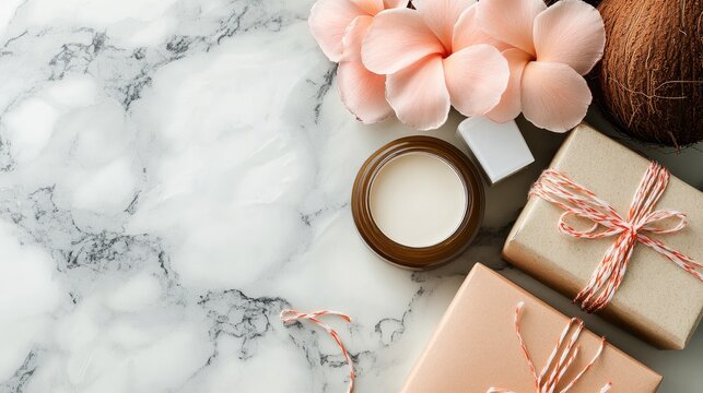 Coconut and flower themed beauty cosmetics gift set with elegant packaging on marble background ideal for Black Friday and Cyber Monday promotions - Powered by Adobe