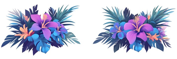 Two tropical flower arrangements, isolated on a white background, in a cartoon style, with a PNG cutout, 3D illustration, vibrant colors, high resolution, professional color grading, soft shadows, 