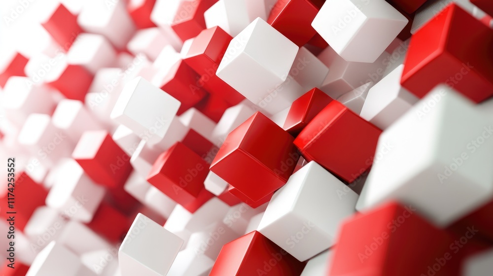 Fototapete 3D abstract hexagonal background with red and white cubes creating a dynamic and modern visual texture for design projects