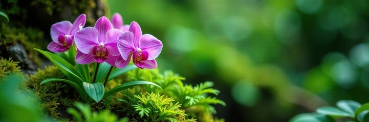 Exotic pink orchid nestled among dense ferns and moss, gardens, green background