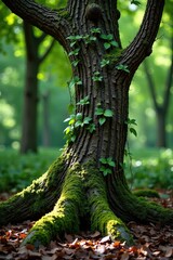 Obraz premium Ancient tree trunk adorned with vines and moss, organic, moss