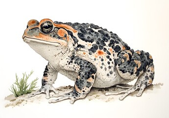 Naklejka premium Watercolor, cute toad clip art on a white background, hyper-realistic watercolor painting for a nursery. 