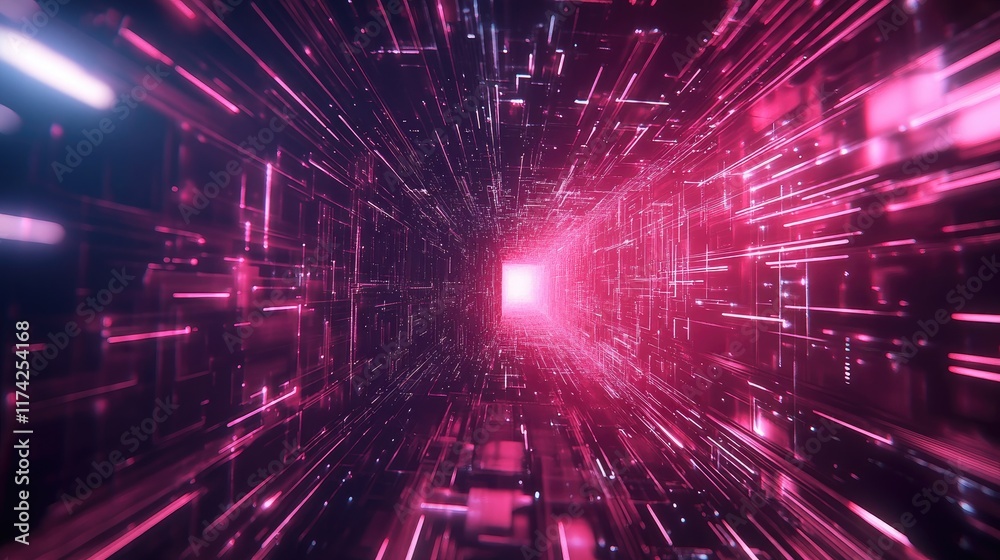 Poster 3d abstract futuristic digital network with light trails in a tunnel concept for technology and data
