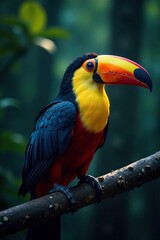 Fototapeta premium Iridescent feathers glowing in dim forest light, toucan, shadows, illuminated