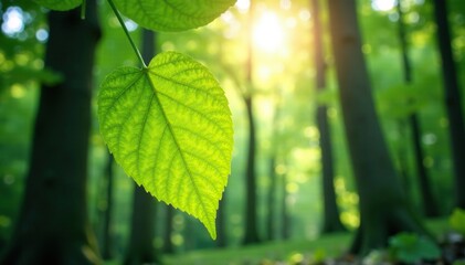 Obraz premium Leaf in a forest canopy with sunlight filtering, light, natural