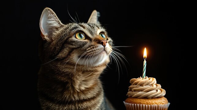 Funny cat celebrating birthday with cupcake and candle on black background perfect for pet-related celebrations and promotions