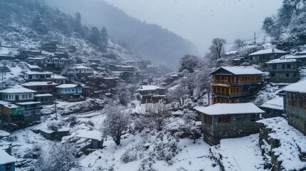 Scenic winter village landscape covered in snow with traditional houses and trees in a serene mountainous setting