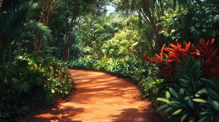 Scenic winding path through lush greenery and vibrant tropical foliage in a serene park setting