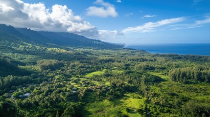 Naklejka premium Aerial view of lush green forest with homes nestled among trees under a vibrant blue sky and majestic clouds near the coastline.