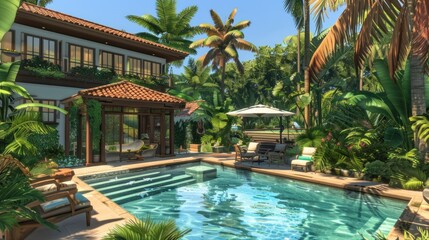Luxury house with tropical garden, AI generated image