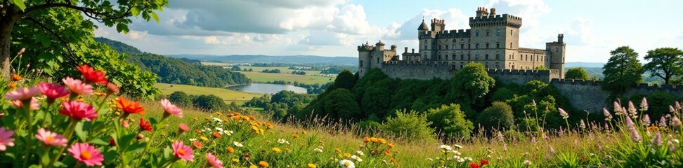 lush greenery and wildflowers surrounding the castle, UK, flowers, landscape