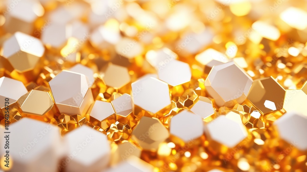 Poster 3d abstract background with shimmering white and gold hexagonal patterns for elegant design concepts