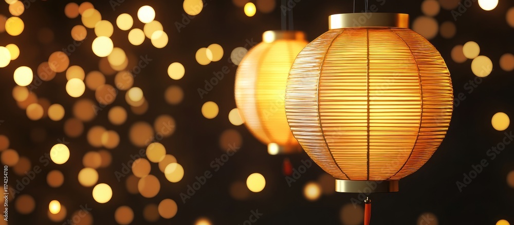 Poster 3d gold paper lanterns illuminated by bokeh lights with a dark background providing ample space for 