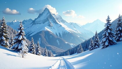 Fototapeta premium Snowy mountainside landscape with snowflakes gently falling on the ground, bare trees, icy, mountainside