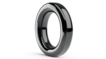 3D Metallic Black and Chrome Circular Ring Number Zero Isolated on White Background