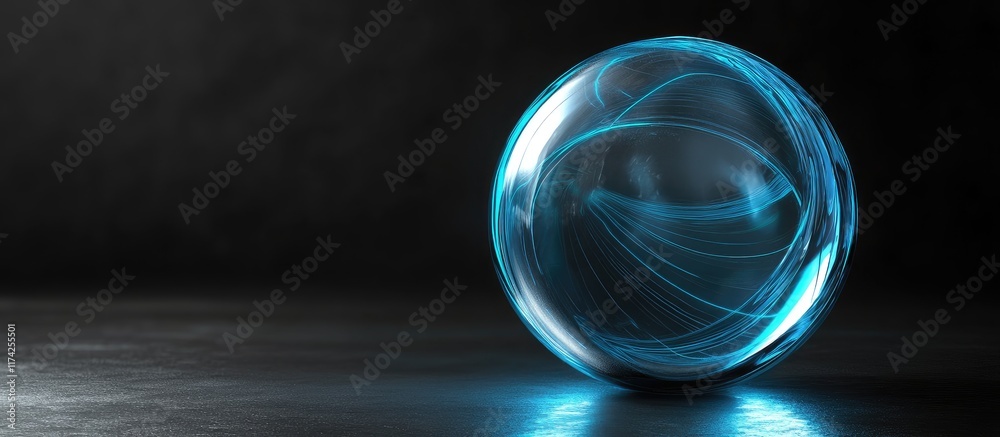 Poster 3d glass sphere illuminated by blue light beams on a dark background with ample empty space for cust