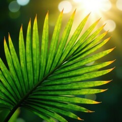 Natural palm leaf fan with green hues against a warm sunlit background, natural, green, greenery