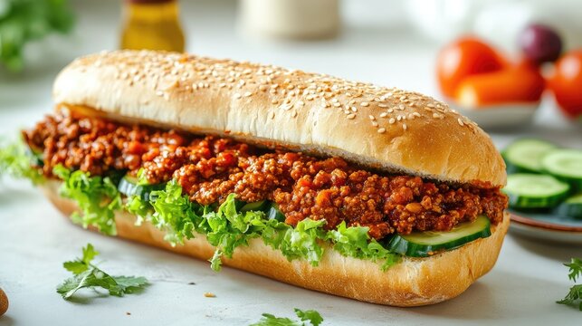 Homemade sloppy joe sub sandwich on sesame seed bread with fresh vegetables and herbs on a neutral background for food advertising and menus