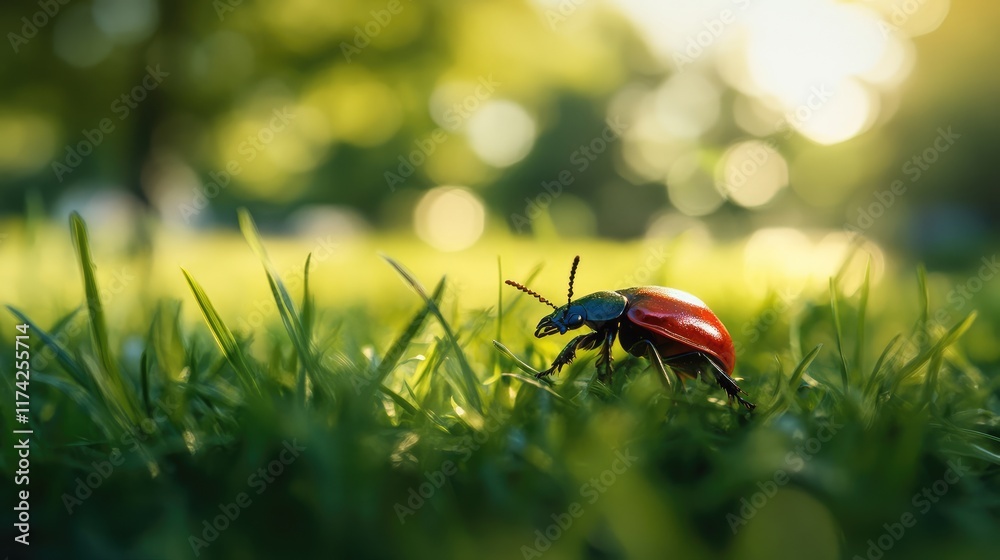 Aufkleber colorful beetle crawling on green grass with a soft bokeh background in a natural outdoor setting du