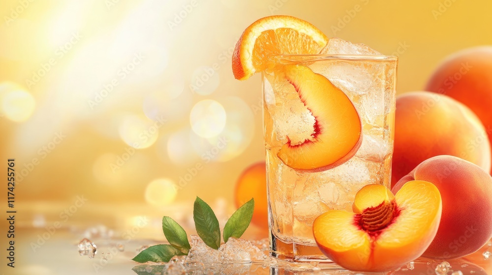 Poster Refreshing summer drink featuring sliced orange and peach on ice with a soft bokeh background perfect for seasonal promotions.