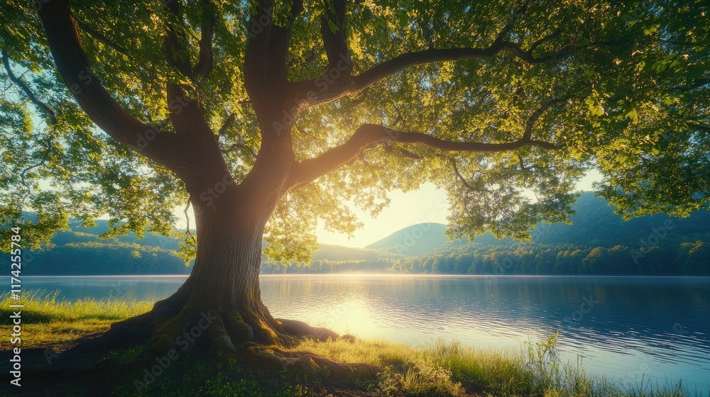 Poster majestic tree by tranquil lakeside at sunrise surrounded by serene nature and mountains creating a p