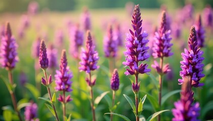 Fototapeta premium Dense purple loosestrife flowers swaying in wind, nature, loosestrife, plant