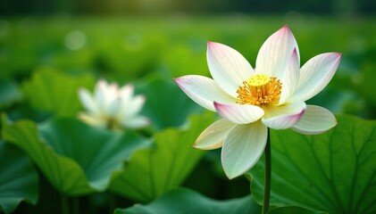 Delicate white lotus blooms amidst yellow pollen, greenery, nature