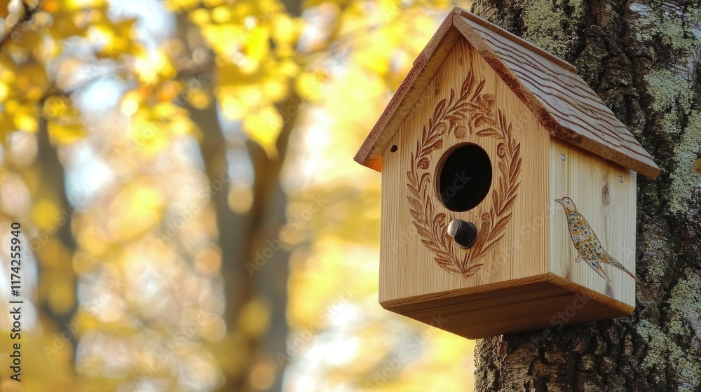 Aufkleber wooden birdhouse adorned with intricate carvings hanging on a sycamore maple tree in an autumn fores
