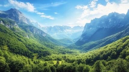 Fototapeta premium Lush green forests and towering mountains create a breathtaking landscape beneath a vibrant blue sky in this serene nature scene