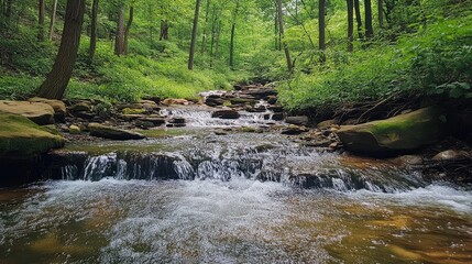 Obraz premium Serene mountain stream flowing through lush green woods with smooth water cascading over rocks in a tranquil natural setting