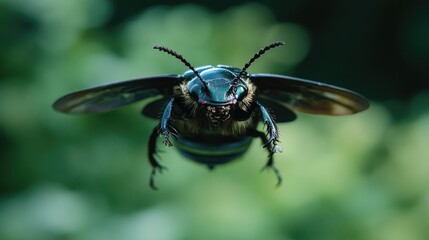 Close-up of a vibrant beetle in flight among blurred garden greenery showcasing its detailed features and nature's beauty