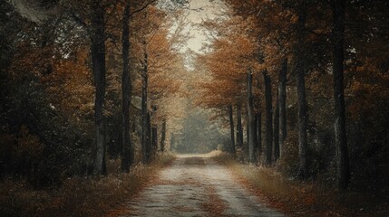 Fototapeta premium Serene autumn pathway through trees evoking a sense of tranquility and nature's beauty in a scenic rural landscape.