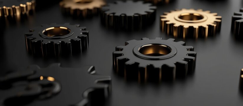 Minimalist 3D Gears on Black Surface Highlighting Gold Accents with Space for Text and Creative Design Element - Powered by Adobe