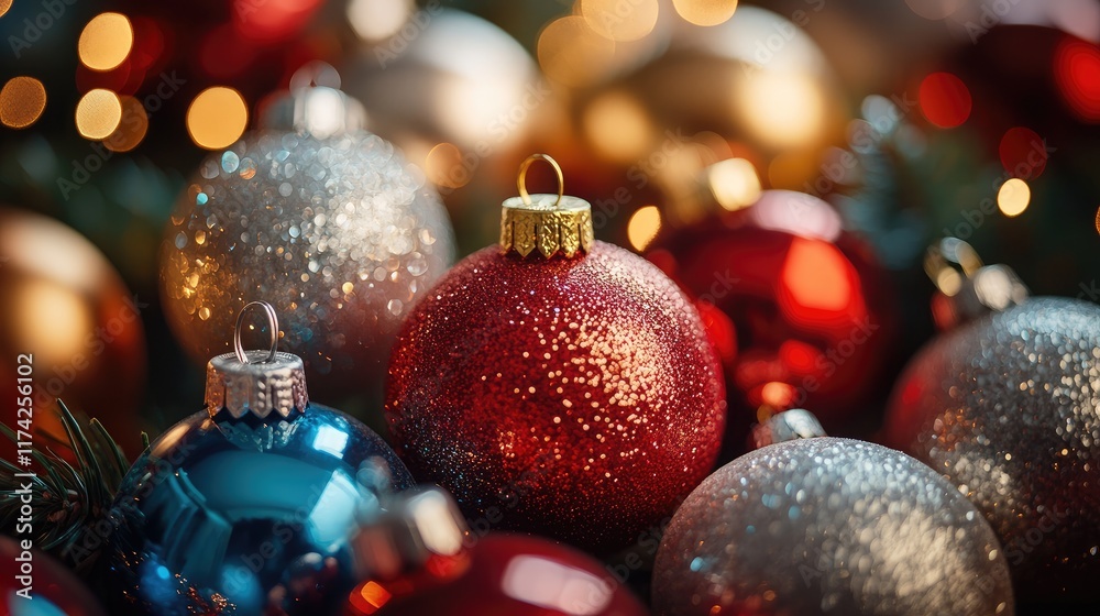 Poster festive collection of glittering christmas baubles in vibrant colors with soft bokeh lights creating
