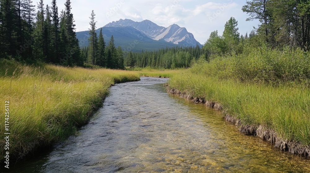 Poster serene mountain stream surrounded by lush greenery and majestic peaks in a tranquil natural setting