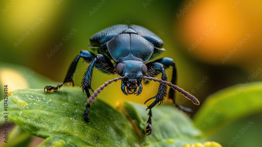 Aufkleber close-up of a shiny green beetle perched on a leaf in a lush garden setting showcasing nature's intr